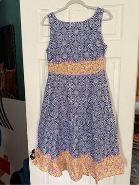 Boden Blue Printed Midi Dress with Yellow & Pink Accents